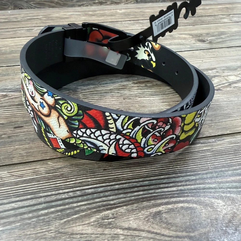 Ed Hardy Mens Size 40 Reversible Belt Grey Black Tattoo Graphic Mermaid NWT
